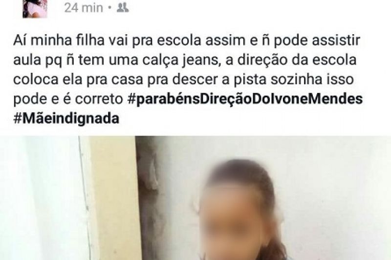 Mulher denuncia que filha de 8 anos foi mandada embora da escola porque não usava jeans