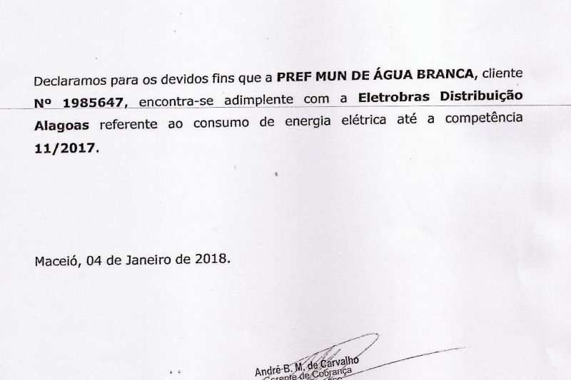 Prefeitura de Água Branca esclarece que está adimplente com a Eletrobras