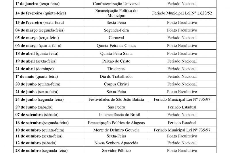 Prefeitura de Delmiro Gouveia divulga feriados e pontos facultativos previstos para 2019