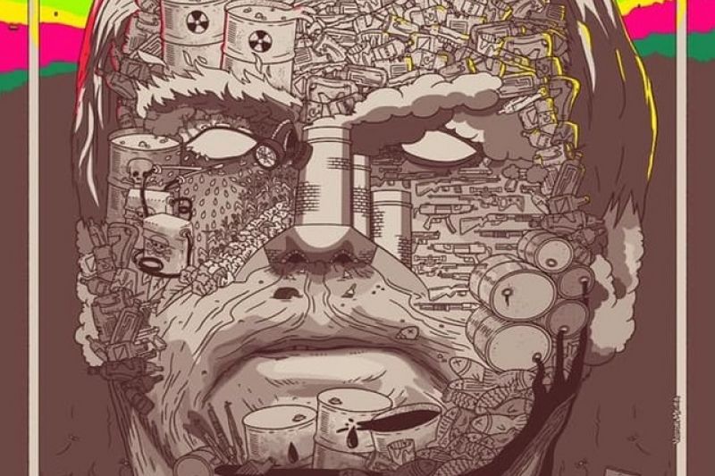 SP: rosto de Bolsonaro desenhado com lixo, peixes mortos e armas vira cartaz de show