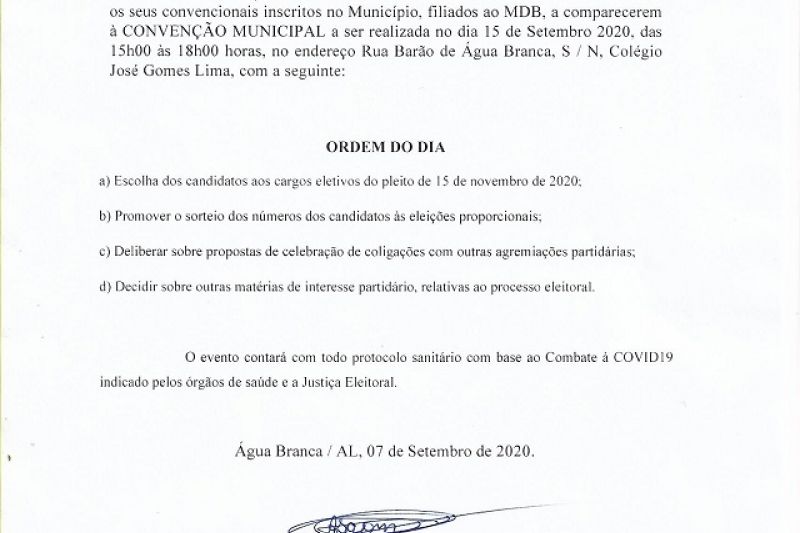 Candidatos do MDB e PTB serão escolhidos durante convenção no dia 15 em Água Branca
