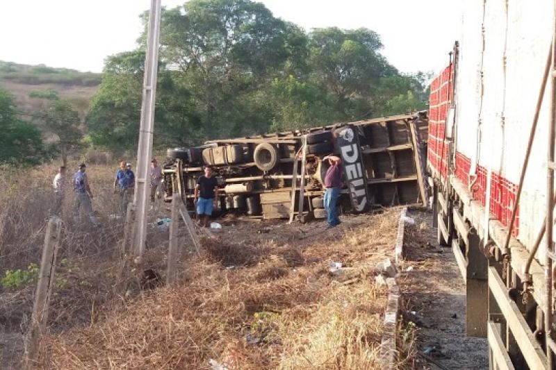 Caminhão que transportava galinhas atropela 3 cavalos, bate em carro e capota em Santana