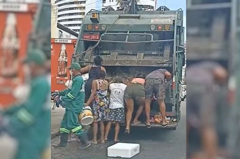 Famílias procuram comida em caminhão de lixo em Fortaleza
