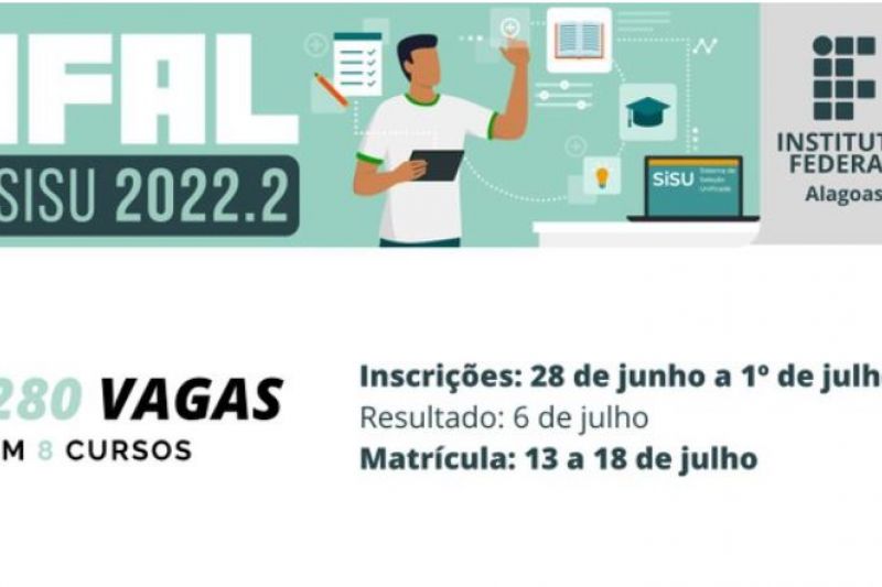 Ifal oferta 280 vagas em oito cursos para o SiSU 2022.2; inscrições até dia 1° de julho