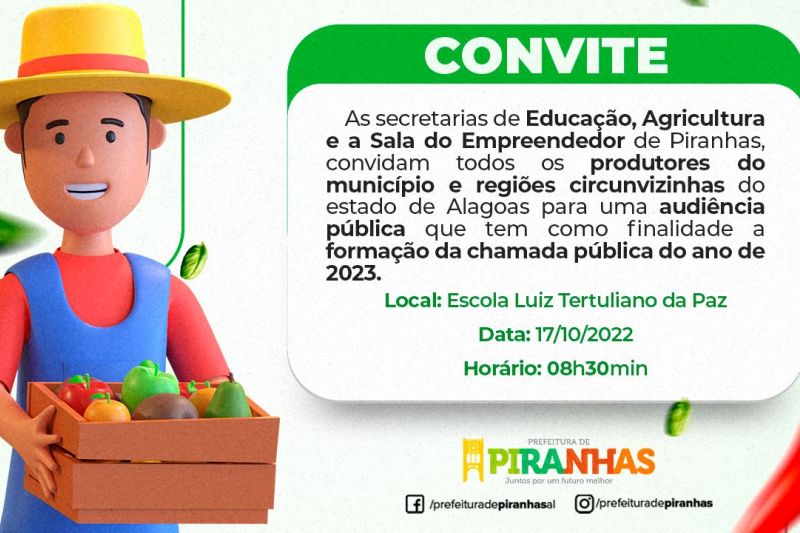 Piranhas vai reunir produtores rurais e discutir aquisição de alimentos da merenda escolar