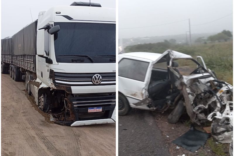 Batida entre carro e carreta deixa duas pessoas feridas na BR-423 em Delmiro Gouveia