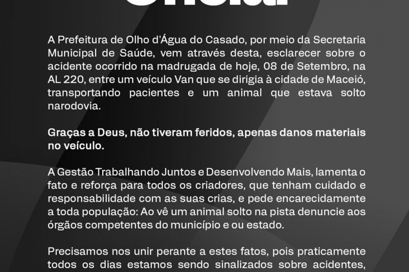Prefeitura de Olho D'água do Casado emite nota sobre acidente com van na AL-220