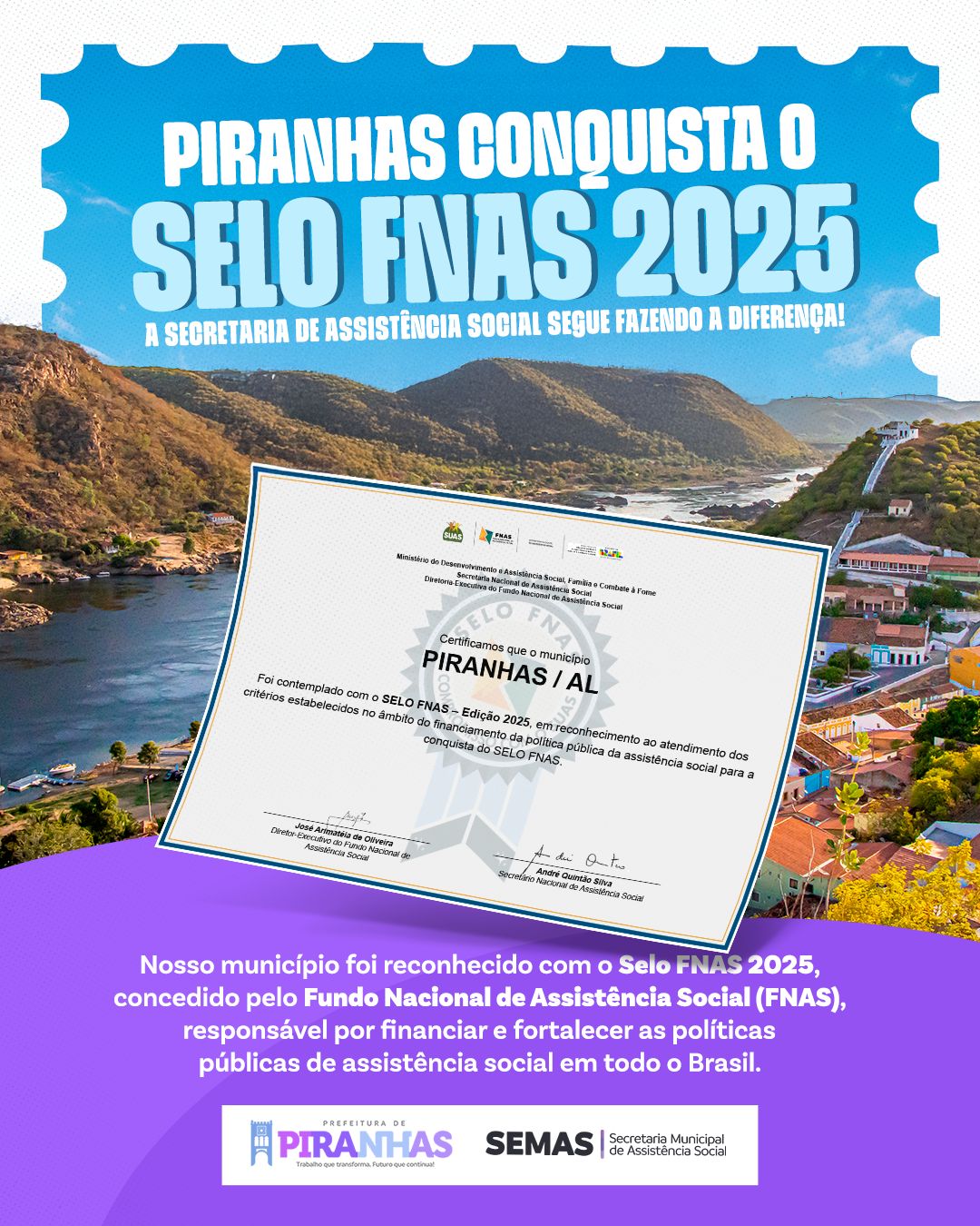Piranhas conquista Selo FNAS 2025 e reforça gestão eficiente na assistência social